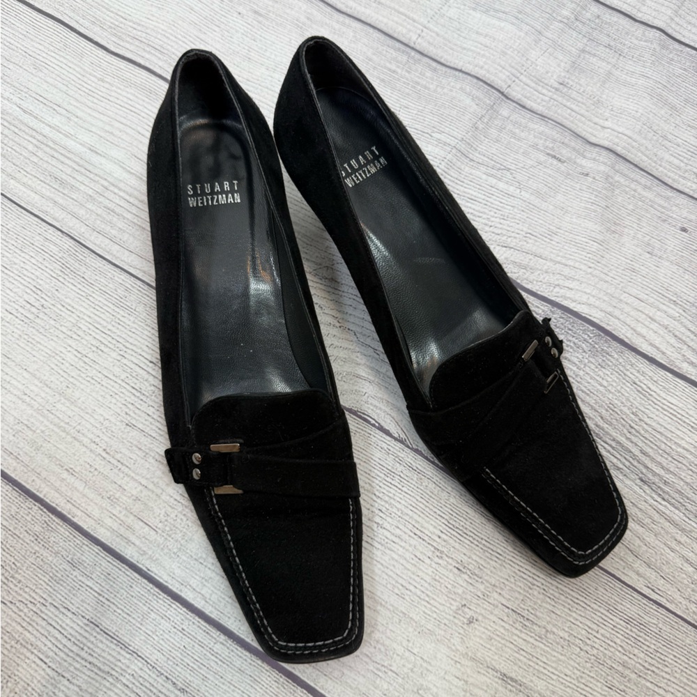 Stuart Weitzman Black Suede Kitten Heel Loafers Size 8 Classic Chic - Picture 5 of 16